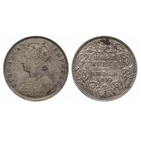 Victoria Empress, Silver, ½ Rupee, 1893, Calcutta Mint, A/I, C incused. GK 649. Very Fine,