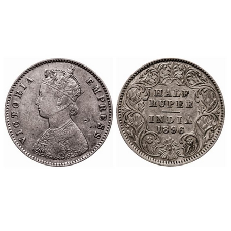 Victoria Empress, Silver, ½ Rupee, 1896, Calcutta Mint, A/I, C incused. GK 652. About Very