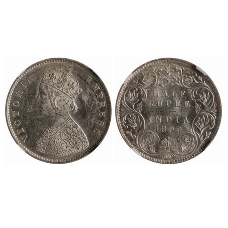 Victoria Empress, Silver, ½ Rupee, 1899, Bombay Mint, A/I, B incused inverted. GK 662. NGC
