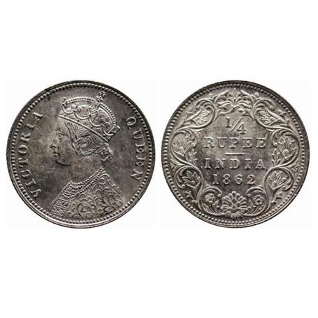 Victoria Queen, Silver, ¼ Rupee, 1862, Calcutta Mint, A/I. GK 375. About Uncirculated, Sca