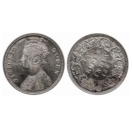 Victoria Queen, Silver, ¼ Rupee, 1862, Calcutta Mint, A/I, Numeral 1862 of year date are d