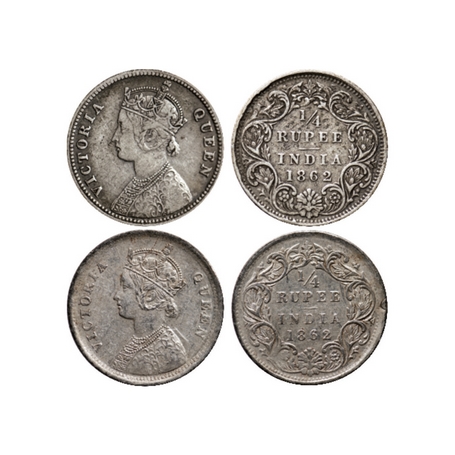 Victoria Queen, Silver, ¼ Rupee (2 Coins), 1862, Calcutta Mint, A/I, Bombay Mint, A/I, Bro