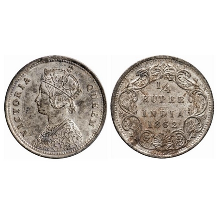 Victoria Queen, Silver, ¼ Rupee, 1862, Bombay Mint, A/I. GK 377. About Uncirculated, Detai