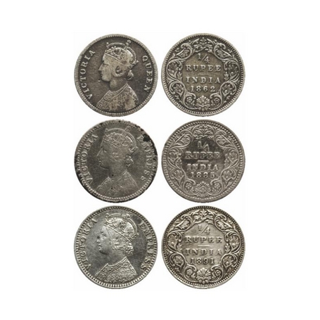 Victoria Queen / Empress, Silver, ¼ Rupee (3 Coins), 1862 (Cal) A/I, 1885 (Cal) C/II 'C' i