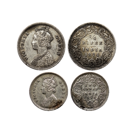 Victoria Queen, Silver, ¼ Rupee (2 Coins), 1874, Bombay Mint, A/I, dot, 2 Annas, 1874, Bom