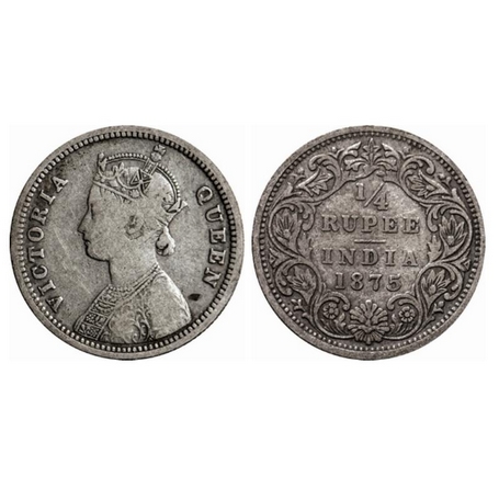 Victoria Queen, Silver, ¼ Rupee, 1875, Bombay Mint, A/I, No dot. GK 666. Fine+, Scarce.