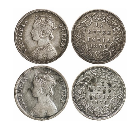 Victoria Queen, Silver, ¼ Rupee (2 Coins), 1876, Calcutta Mint, A/I, No mint mark, No C. G