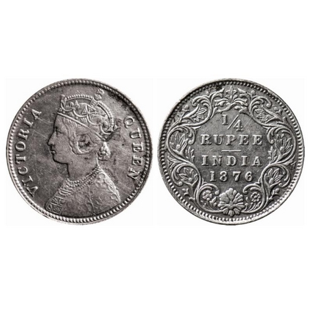 Victoria Queen, Silver, ¼ Rupee, 1876, Calcutta Mint, A/I, No mint mark, No C. GK 669. Abo