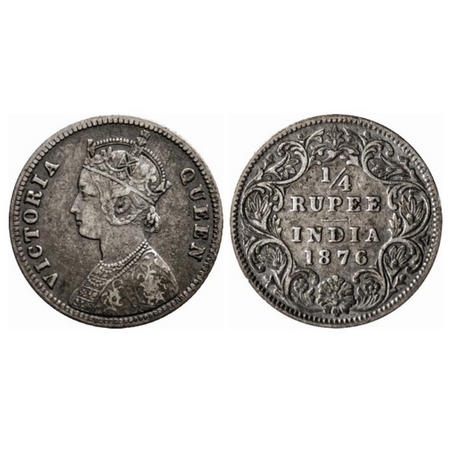 Victoria Queen, Silver, ¼ Rupee, 1876, Calcutta Mint, A/I, No mint mark, No C. GK 669. Ver