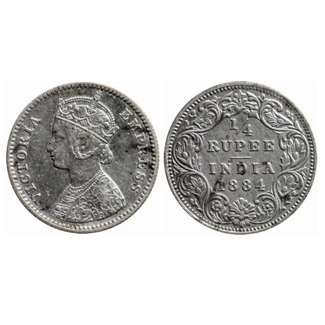 Victoria Empress, Silver, ¼ Rupee, 1884, Bombay Mint, B/I, B raised. GK 773. Very Fine+, S