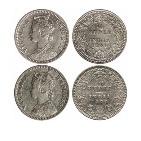 Victoria Empress, Silver, ¼ Rupee (2 Coins), 1889, Calcutta Mint, C/II, C incused, Bombay 