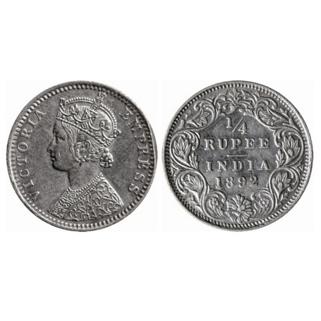 Victoria Empress, Silver, ¼ Rupee, 1892, Bombay Mint, C(i)/I, B incused. GK 722. Extremely