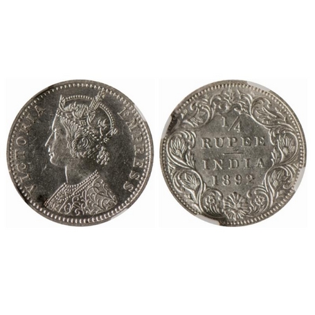 Victoria Empress, Silver, ¼ Rupee, 1892, Bombay Mint, C(i)/I, B incused, Reverse 1'o clock