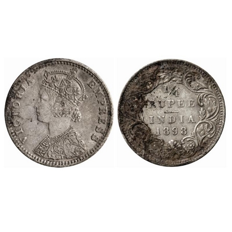 Victoria Empress, Silver, ¼ Rupee, 1898, Bombay Mint, C(i)/I, B incused. GK 734. Extremely