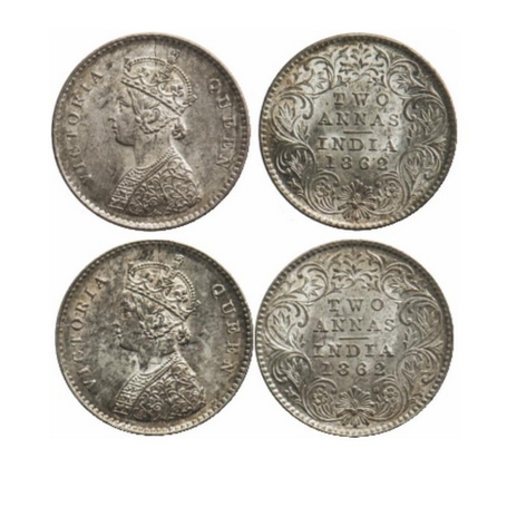 Victoria Queen, Silver, 2 Annas (2 Coins), 1862, Calcutta Mint, A/I, Bottom flower top thr