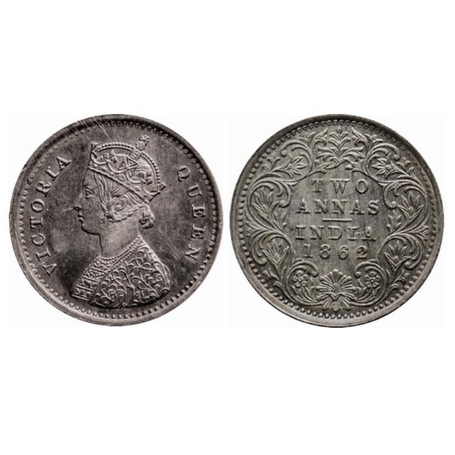 Victoria Queen, Silver, 2 Annas, 1862, Bombay Mint, A/I Bottom flower centre top petal bro