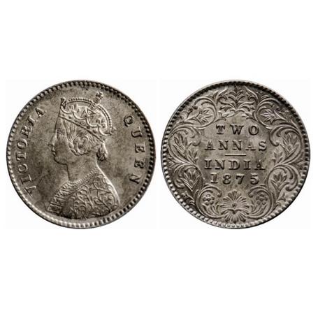 Victoria Queen, Silver, 2 Annas, 1875, Calcutta Mint, A/I No mint mark. GK 742. Extremely 