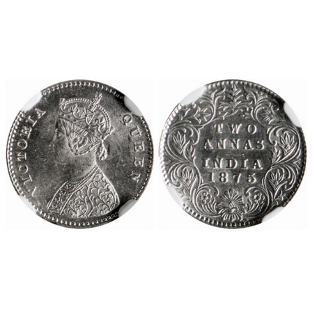 Victoria Queen, Silver, 2 Annas, 1875, Calcutta Mint. A/I No mint mark. GK 742. NGC Slabbe