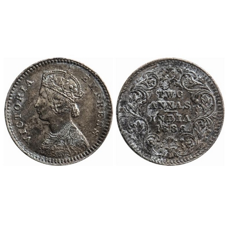 Victoria Empress, Silver, 2 Annas, 1886, Calcutta Mint, B/II, C incused. GK 782. Toned Unc