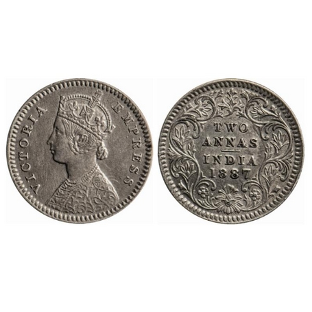Victoria Empress, Silver, 2 Annas, 1887, Calcutta Mint, B/II, Ghost on Rev & Obv, Die crac