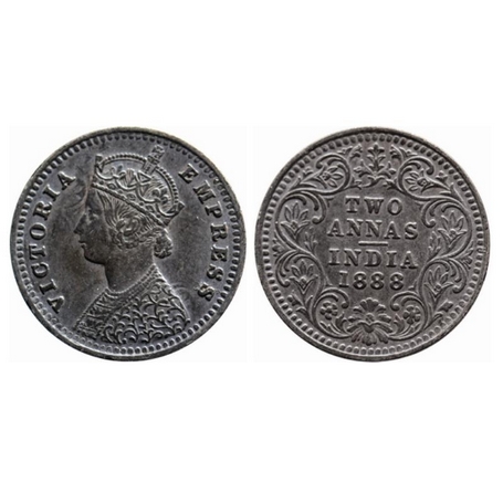 Victoria Empress, Silver, 2 Annas, 1888, Calcutta Mint, B/II, B incused, Ghost on Obv. GK 