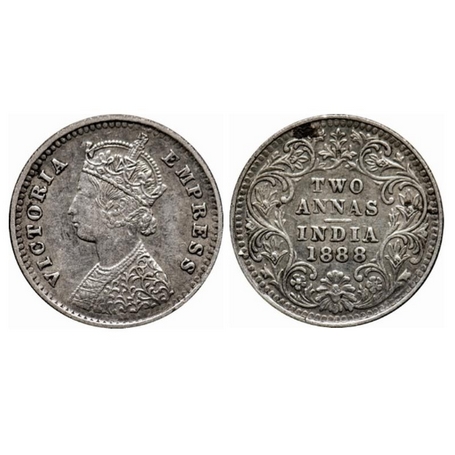 Victoria Empress, Silver, 2 Annas, 1888, Bombay Mint, B/II, B incused. GK 785. Extremely F