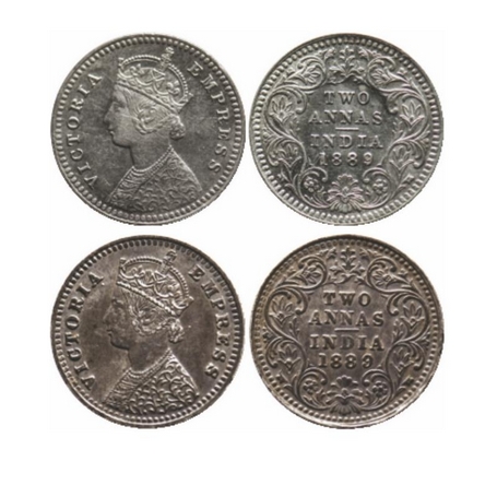 Victoria Empress, Silver, 2 Annas (2 Coins), 1889, Calcutta Mint, B/II, C incused, Ghost o