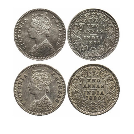 Victoria Empress, Silver, 2 Annas (2 Coins), 1890, Calcutta Mint, B/II, C incused, Ghost o