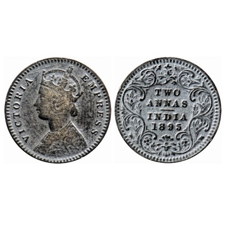 Victoria Empress, Silver, 2 Annas, 1895, Calcutta Mint, B/II, C incused. GK 803. Toned, Ve