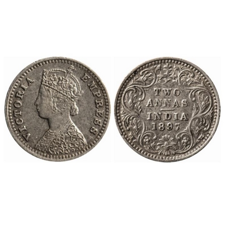 Victoria Empress, Silver, 2 Annas, 1897, Bombay Mint, B/II, B incused. GK 806. Extremely F