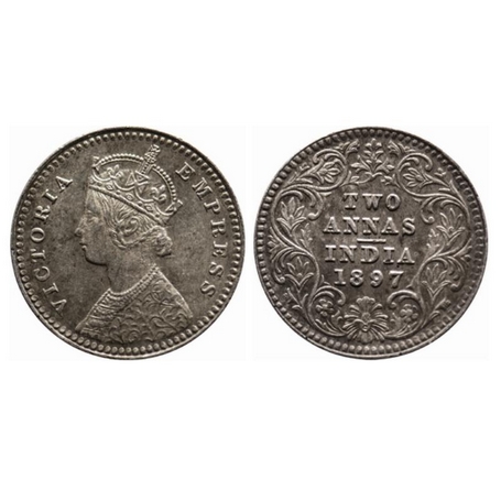 Victoria Empress, Silver, 2 Annas, 1897, Calcutta Mint, B/II, C incused. GK 807. About Ext