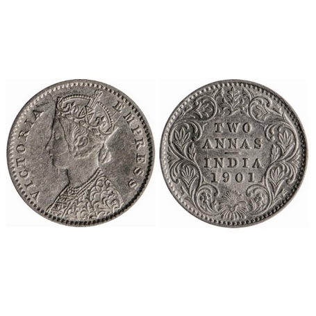 Victoria Empress, Silver, 2 Annas, 1901, Calcutta Mint, B/II, C incused, Die crack on Obv.