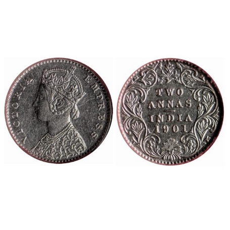 Victoria Empress, Silver, 2 Annas, 1901, Calcutta Mint, B/II/'C' incused. F. Prid. 515. NG