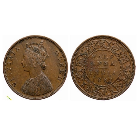 Victoria Queen, Copper, ½ Anna, 1862, Madras Mint, A/I, Smugde type flowers. GK 390. Extre