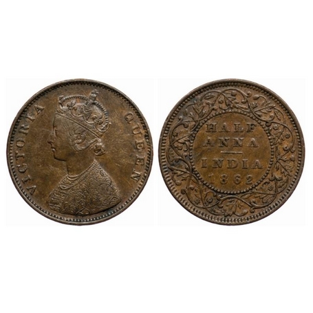 Victoria Queen, Copper, ½ Anna, 1862, Madras Mint, A/I, Smugde type flowers, Few alphabate