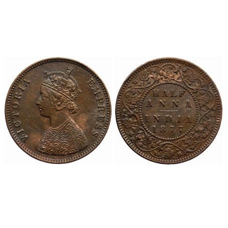 Victoria Empress, Copper, ½ Anna, 1877, Bombay Mint, B/II, numeral '77' narrow. GK 820. Ex