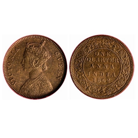 Victoria Queen, Copper, Quarter Anna, 1862, Bombay Mint, A/I, V incused. F. Prid. 602. NGC