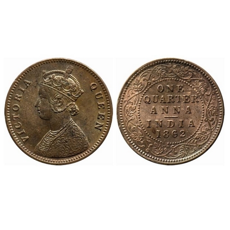 Victoria Queen, Copper, Quarter Anna, 1862, Calcutta Mint, Tiny V raised, A1/I, no mint ma