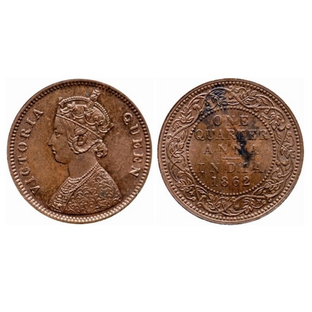 Victoria Queen, Copper, Quarter Anna, 1862, Bombay Mint, A/I, Tiny V incused, 25.40 mm, no