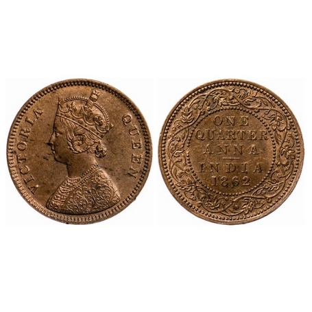 Victoria Queen, Copper, Quarter Anna, 1862, Bombay Mint, A/I, Tiny V incused, 25.40 mm, no