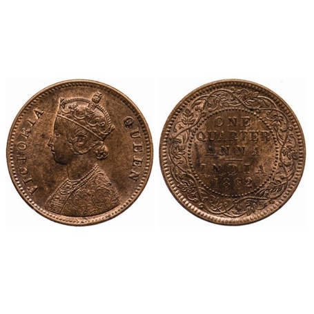 Victoria Queen, Copper, Quarter Anna, 1862, Madras Mint, A/I, no mint mark. GK 399. Uncirc