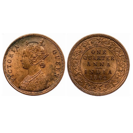 Victoria Queen, Copper, Quarter Anna, 1862, Madras Mint, A/I, no mint mark. GK 399. Uncirc