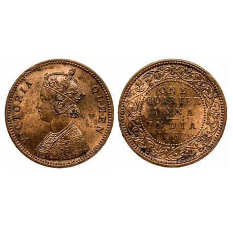 Victoria Queen, Copper, Quarter Anna, 1862, Madras Mint, A/I, no mint mark. GK 399. Uncirc