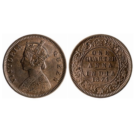 Victoria Queen, Copper, Quarter Anna, 1874, Calcutta Mint, B/II, No mint mark. GK 823. Abo
