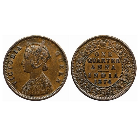Victoria Queen, Copper, Quarter Anna, 1874, Calcutta Mint, B/II, no mint mark. GK 823. Ver