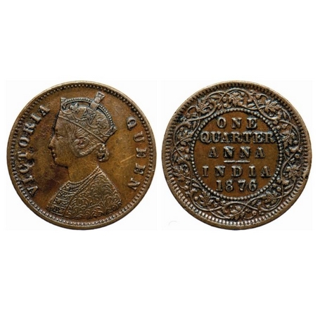 Victoria Queen, Copper, Quarter Anna, 1876, Calcutta Mint, B/II, no mint mark. GK 827. Ver