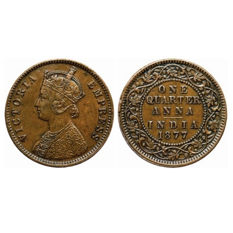 Victoria Empress, Copper, Quarter Anna, 1877, Calcutta Mint, B/II, no mint mark. GK 829. A