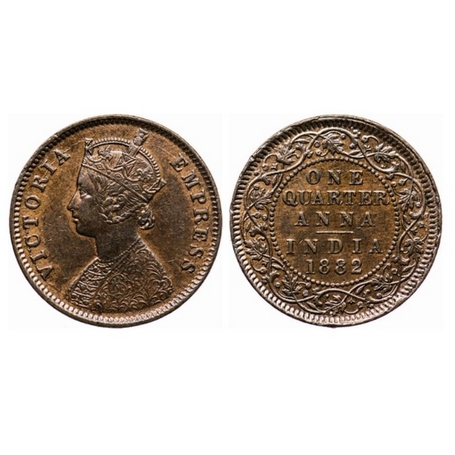 Victoria Empress, Copper, Quarter Anna, 1882, Calcutta Mint, B/II, no mint mark, 'C' incus