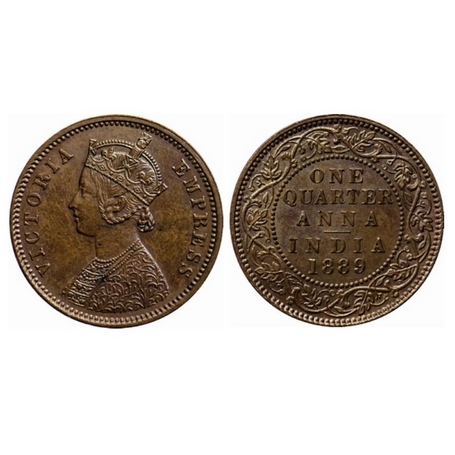 Victoria Empress, Copper, Quarter Anna, 1889, Bombay Mint, B/I, no mint mark. GK 847. Unci