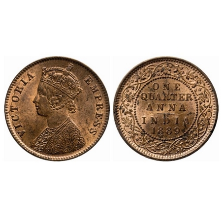 Victoria Empress, Copper, Quarter Anna, 1889, Calcutta Mint, B/II, no mint mark. Die crack